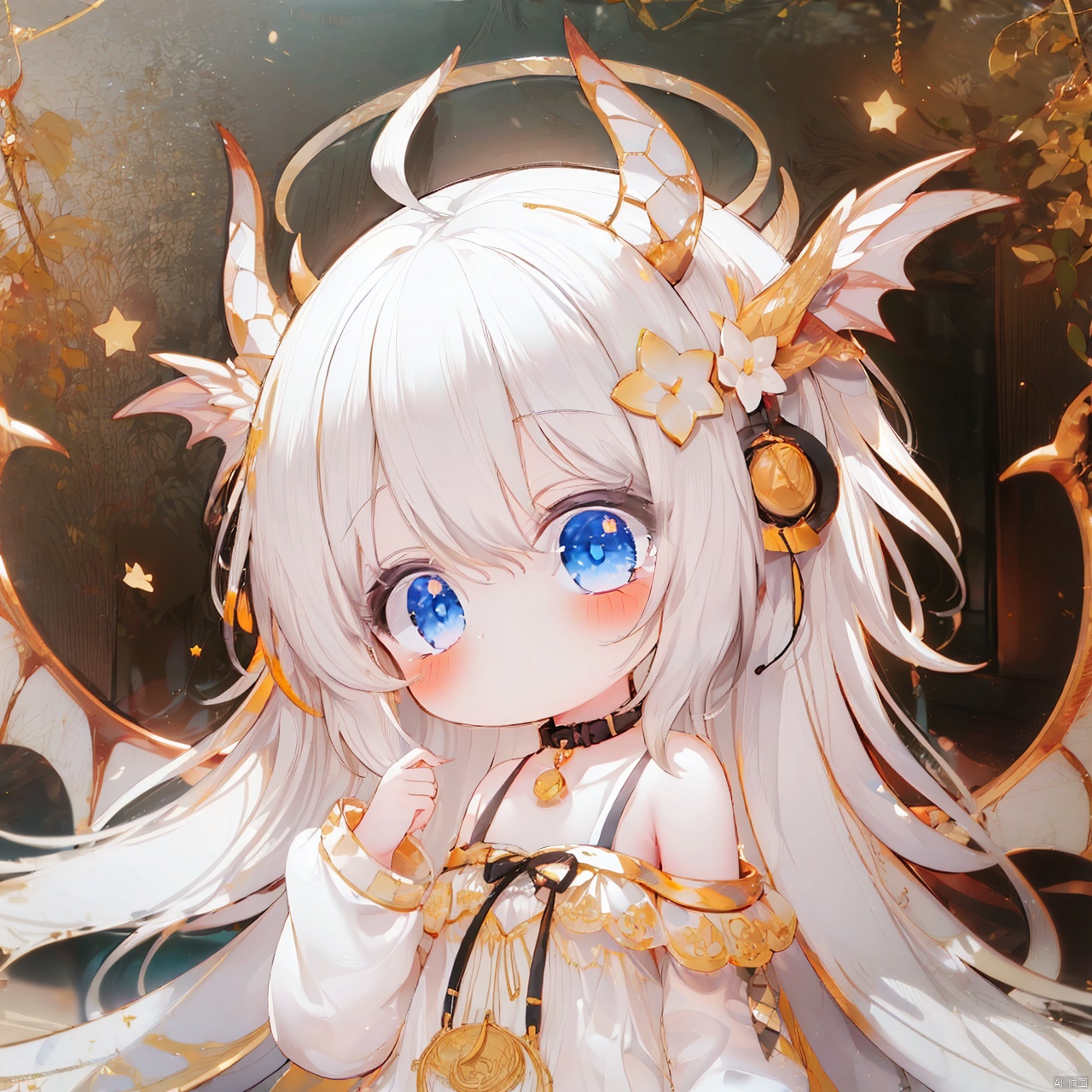  (8k, RAW photo, best quality, masterpiece:1.2),loli,solo, long hair, looking at viewer, blush, bangs, blue eyes, hair ornament, long sleeves, dress, hair between eyes, bare shoulders, very long hair, closed mouth, collarbone, upper body, ahoge, white hair, wings, horns, puffy sleeves, hand up, off shoulder, star \(symbol\), white dress, black ribbon, headphones, halo, puffy long sleeves, dragon horns, star hair ornament, off-shoulder dress,jpe-hd,ll-hd, ty-hd, pf-hd,yellow theme
