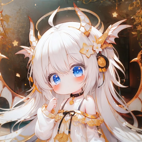  (8k, RAW photo, best quality, masterpiece:1.2),loli,solo, long hair, looking at viewer, blush, bangs, blue eyes, hair ornament, long sleeves, dress, hair between eyes, bare shoulders, very long hair, closed mouth, collarbone, upper body, ahoge, white hair, wings, horns, puffy sleeves, hand up, off shoulder, star \(symbol\), white dress, black ribbon, headphones, halo, puffy long sleeves, dragon horns, star hair ornament, off-shoulder dress,jpe-hd,ll-hd, ty-hd, pf-hd,yellow theme