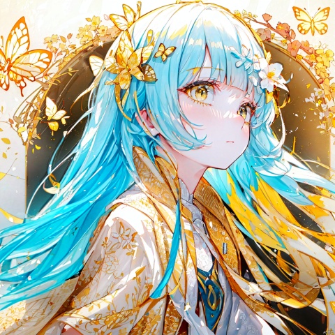  (8k, RAW photo, best quality, masterpiece:1.2),(yellow theme:1.6),loli,  solo, long hair, bangs, blue eyes, hair ornament, closed mouth, blue hair, jacket, upper body, flower, hair flower, blunt bangs, white jacket, bug, butterfly
jpe-hd,ll-hd, ty-hd, pf-hd