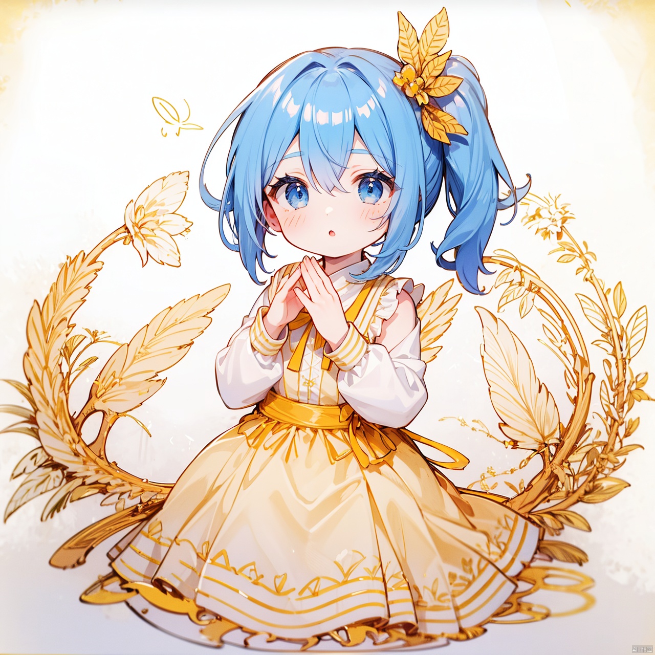  (8k, RAW photo, best quality, masterpiece:1.2),(yellow theme:1.6),loli, solo, long hair, looking at viewer, blush, bangs, blue eyes, simple background, shirt, hair ornament, long sleeves, white background, dress, bow, ribbon, hair between eyes, very long hair, blue hair, hair ribbon, white shirt, hair bow, frills, parted lips, sleeveless, puffy sleeves, :o, side ponytail, sleeves past wrists, hands up, sleeveless dress, blue dress, frilled dress, feathers, white ribbon, pleated dress, white feathers, wing hair ornament
jpe-hd,ll-hd, ty-hd, pf-hd