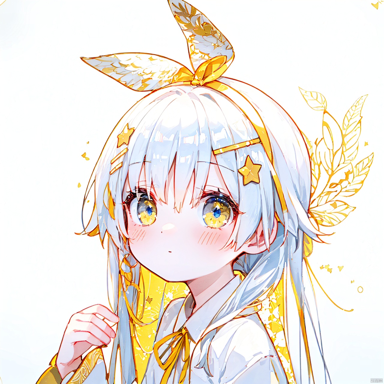  (8k, RAW photo, best quality, masterpiece:1.2),(yellow theme:1.6),loli, solo, long hair, looking at viewer, blush, bangs, blue eyes, simple background, hair ornament, long sleeves, white background, ribbon, hair between eyes, bare shoulders, closed mouth, hair ribbon, upper body, white hair, hairband, detached sleeves, hairclip, hand up, star \(symbol\), neck ribbon, blue ribbon, star hair ornament, blue hairband

复制提示词jpe-hd,ll-hd, ty-hd, pf-hd
