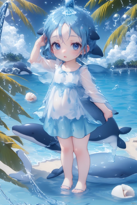  (masterpiece), (best quality), Exquisite visuals, high-definition, (ultra detailed), finely detail, Kawai, loveliness, standing, ((full body)), a slightly shy loli with short blue hair,anthropomorphic whale,a center cut, (child:1.2),whale clothing,blue skirt,(((spray water on the head, there is a water column on the head))),there are many colorful bubbles around,melting clothes, clothes made of water,whale tail,The environment is next to the beach, with coconut trees and many seashells on the beach,, ty-hd, jpp-hd, figure