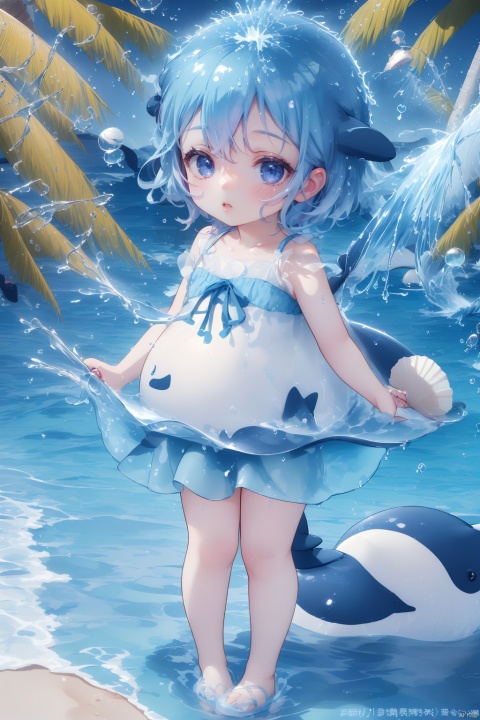  (masterpiece), (best quality), Exquisite visuals, high-definition, (ultra detailed), finely detail, Kawai, loveliness, standing, ((full body)), a slightly shy loli with short blue hair,anthropomorphic whale,a center cut, (child:1.2),whale clothing,blue skirt,(((spray water on the head, there is a water column on the head))),there are many colorful bubbles around,melting clothes, clothes made of water,whale tail,The environment is next to the beach, with coconut trees and many seashells on the beach,, ty-hd, jpp-hd, figure