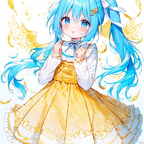  (8k, RAW photo, best quality, masterpiece:1.2),(yellow theme:1.6),loli, solo, long hair, looking at viewer, blush, bangs, blue eyes, simple background, shirt, hair ornament, long sleeves, white background, dress, bow, ribbon, hair between eyes, very long hair, blue hair, hair ribbon, white shirt, hair bow, frills, parted lips, sleeveless, puffy sleeves, :o, side ponytail, sleeves past wrists, hands up, sleeveless dress, blue dress, frilled dress, feathers, white ribbon, pleated dress, white feathers, wing hair ornament
jpe-hd,ll-hd, ty-hd, pf-hd