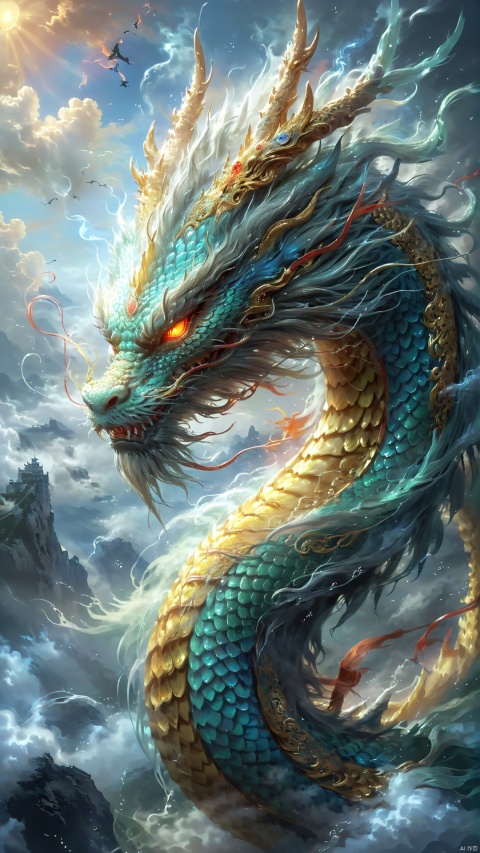  majestic Dragon King with Eastern characteristics, Chinese dragon symbolism, imposing and awe-inspiring presence, wisdom emanating from its eyes, protector of realms, powerful and commanding, traditional Chinese art style, intricate dragon scales shimmering in ethereal light, long swirling whiskers, claws gripping the clouds, surrounded by a mist of celestial energy, vibrant dragon aura, mystical and ancient, ornate decorations symbolizing royalty and authority, (best quality,4k,8k,highres,masterpiece:1.2), ultra-detailed, (realistic, photorealistic, photo-realistic:1.37), dynamic composition, (emperor's presence:1.1), (spiritual guardian:1.1), majestic dragon form, fierce expression, powerful stance, divine protector, supreme dragon, mythical atmosphere, (rich colors:1.1), (light rays:1.1), (floating palace, celestial kingdom), traditional Chinese motifs, fiery dragon eyes, dragon's wisdom, legendary creature, majestic skies, (auspicious clouds:1.1), strong visual impact