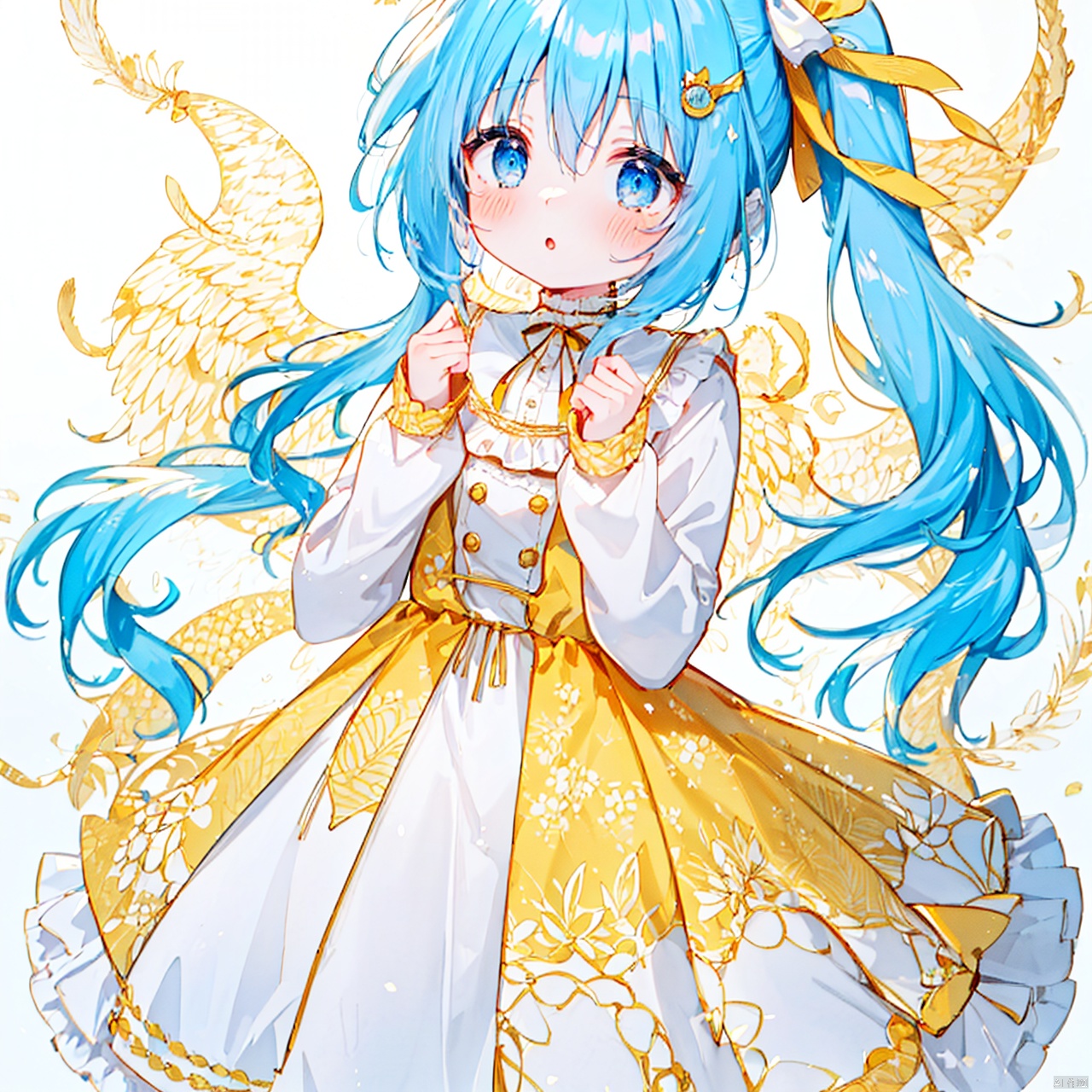  (8k, RAW photo, best quality, masterpiece:1.2),(yellow theme:1.6),loli, solo, long hair, looking at viewer, blush, bangs, blue eyes, simple background, shirt, hair ornament, long sleeves, white background, dress, bow, ribbon, hair between eyes, very long hair, blue hair, hair ribbon, white shirt, hair bow, frills, parted lips, sleeveless, puffy sleeves, :o, side ponytail, sleeves past wrists, hands up, sleeveless dress, blue dress, frilled dress, feathers, white ribbon, pleated dress, white feathers, wing hair ornament
jpe-hd,ll-hd, ty-hd, pf-hd