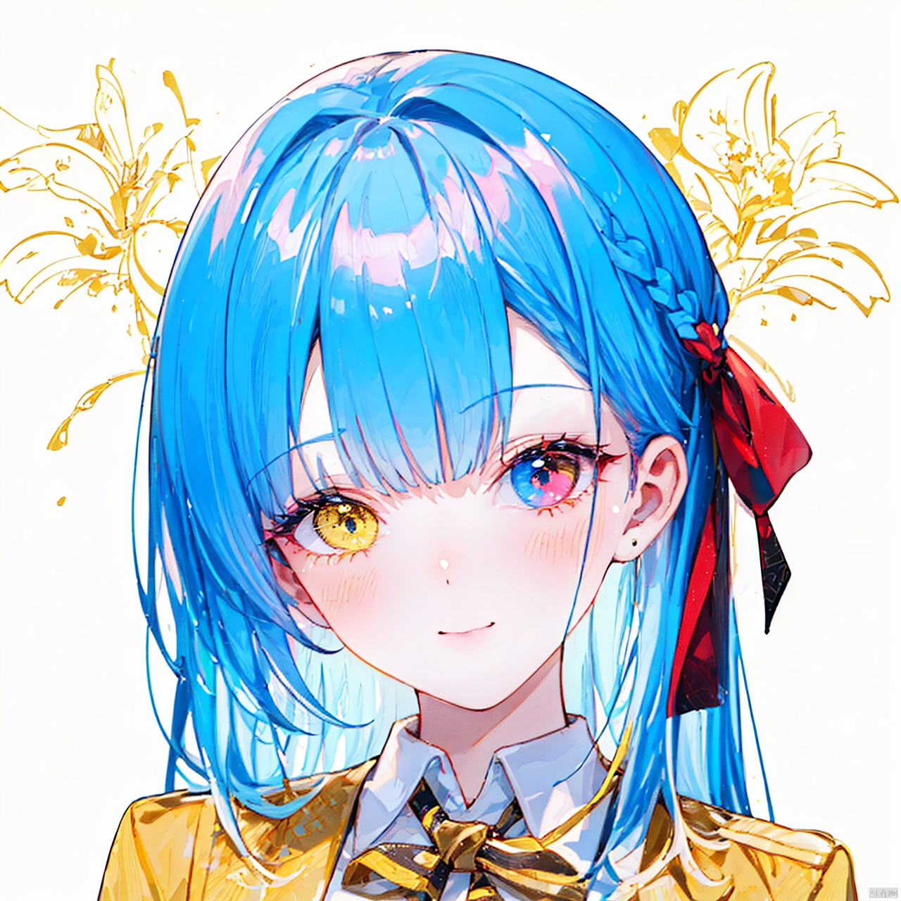  (8k, RAW photo, best quality, masterpiece:1.2),(yellow theme:1.6),1girl, solo, long hair, looking at viewer, smile, bangs, blue eyes, simple background, shirt, red eyes, white background, bow, ribbon, jewelry, closed mouth, blue hair, jacket, hair ribbon, white shirt, upper body, braid, earrings, striped, collared shirt, bowtie, pink eyes, red bow, red ribbon, black ribbon, neck ribbon, heterochromia, blue jacket, red bowtie, portrait,
jpe-hd,ll-hd, ty-hd, pf-hd