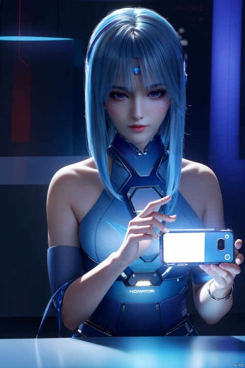  (Masterpiece, Best Picture Quality, Special Effects), Cyberpunk, a high-tech mobile phone with projection function. The phone projects content horizontally on a table, projecting a girl, blue hair, bangs, futuristic style (module),Phone case,dzn-hd