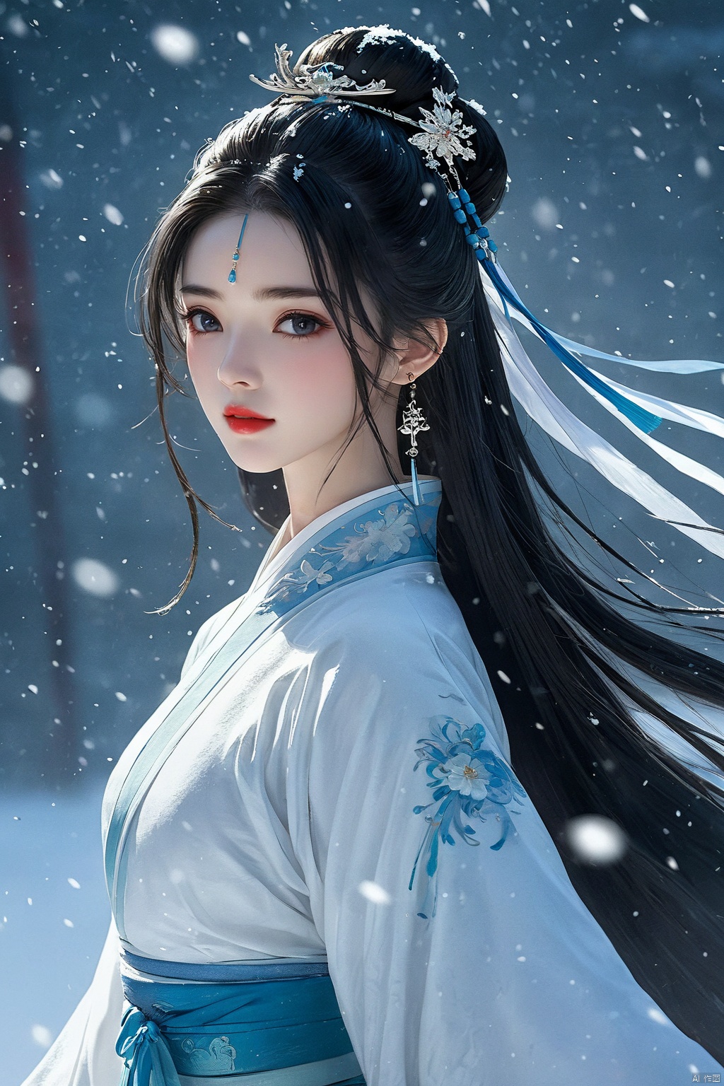  (masterpiece, top quality, best quality, official art, beautiful and aesthetic:1.2),gf-hd, 1girl, solo, long hair, sword, weapon, hair ornament, black hair, chinese clothes, upper body, snow, hair bun, hanfu, snowing, facial mark, forehead mark
