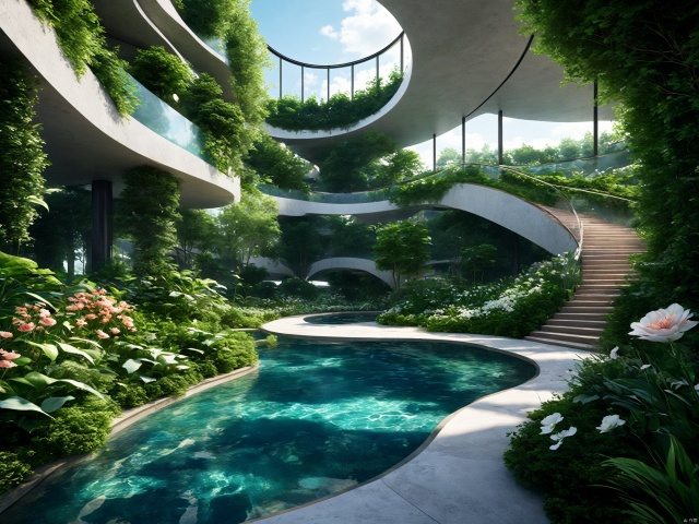  The architectural appearance is magical, deep sea style, the sky garden adopts the design principle of Riemann surface, the whole garden seems to be a multi-dimensional space, every corner is full of surprises and changes. Visitors can stroll here, appreciate the flowers, view the scenery, feel the charm of mathematics and the harmony of nature, 3D rendering, highly detailed, natural lighting, mathematical design art, amazing visual feast, epic visual art architecture, master works, mathematical design art, amazing visual feast, visual art architecture, master works,