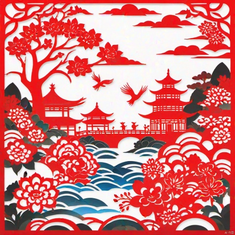 masterpiece,high quality,paper-cut art,nobody,solo,a big red flower,paper-cut style,Chinese style,Chinese year,festive,cattle,river