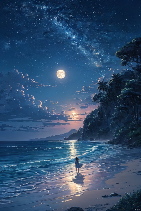  (masterpiece, top quality, best quality, official art, beautiful and aesthetic:1.2),(1girl:1.2),cute,extreme detailed,outdoors, sky, cloud, water, tree, no humans, night, ocean, beach, moon, star \(sky\), night sky, scenery, starry sky, sunset, rock, sand, sun, horizon, waves, shore