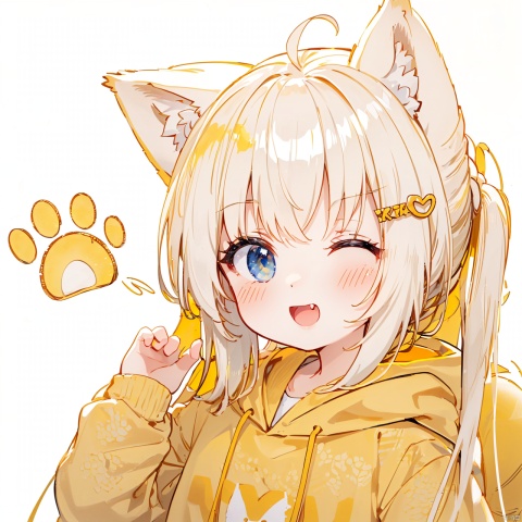  (8k, RAW photo, best quality, masterpiece:1.2),(yellow theme:1.6),loli, solo, long hair, looking at viewer, blush, smile, open mouth, bangs, blue eyes, hair ornament, long sleeves, white background, animal ears, twintails, upper body, ahoge, white hair, one eye closed, hairclip, fang, cat ears, hand up, hood, animal ear fluff, sleeves past wrists, hoodie, hood down, ;d, clothes writing, drawstring, paw print, white hoodie,
jpe-hd,ll-hd, ty-hd, pf-hd