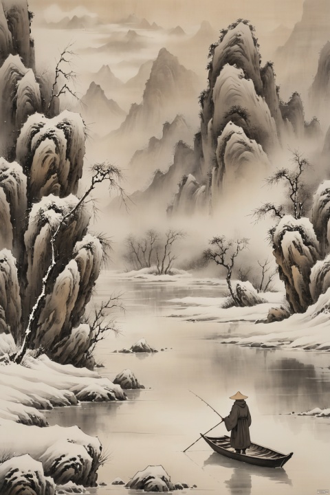 Chinese black and white ink painting,Chinese landscape,monochrome,ink wash,minimalist style , tie dyeing, 1 old man in a tattered cloak and bamboo hat, fishing solitary in a tiny boat drifting on a frozen river amidst blizzard, surrounded by misty snowy peaks, beautiful yet haunting winter wilderness.long shot, full HD;in the style of cinematic photos and cinematic lighting.
