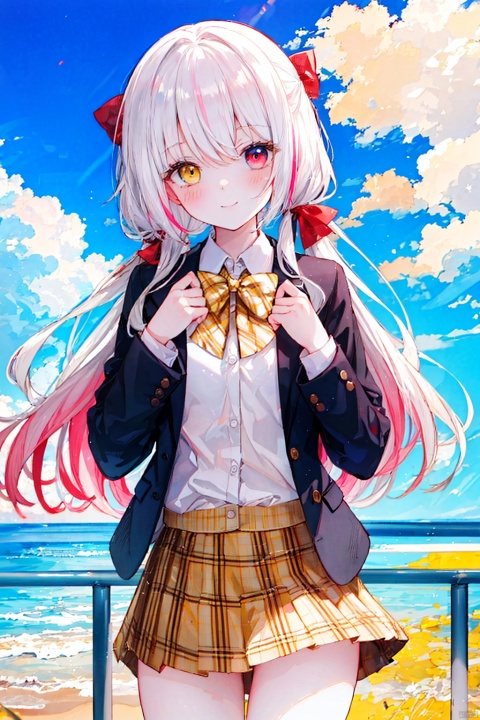  (8k, RAW photo, best quality, masterpiece:1.2),(yellow theme:1.6),loli, solo, long hair, looking at viewer, blush, smile, bangs, blue eyes, skirt, shirt, red eyes, long sleeves, bow, hair between eyes, twintails, very long hair, closed mouth, school uniform, standing, jacket, white shirt, pink hair, white hair, hair bow, multicolored hair, cowboy shot, pleated skirt, outdoors, open clothes, sky, striped, collared shirt, cloud, miniskirt, bowtie, red bow, open jacket, plaid, hands up, dress shirt, gradient hair, red skirt, low twintails, heterochromia, plaid skirt, blazer, red bowtie, sunset, striped bow, railing,
jpe-hd,ll-hd, ty-hd, pf-hd