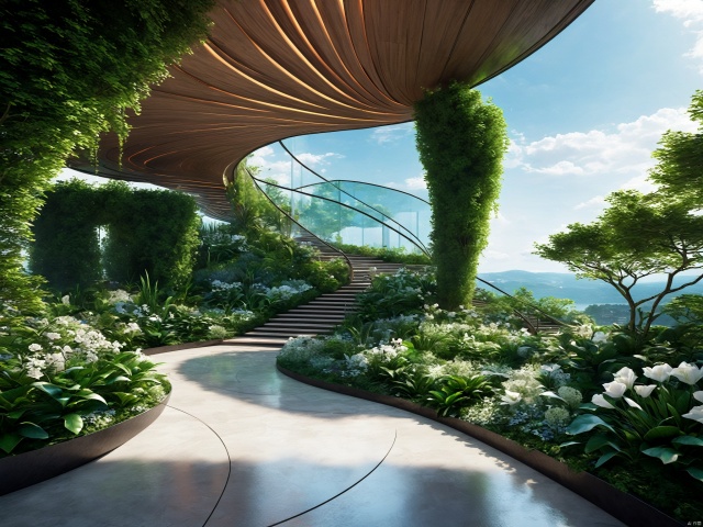  The architectural appearance is magical, deep sea style, the sky garden adopts the design principle of Riemann surface, the whole garden seems to be a multi-dimensional space, every corner is full of surprises and changes. Visitors can stroll here, appreciate the flowers, view the scenery, feel the charm of mathematics and the harmony of nature, 3D rendering, highly detailed, natural lighting, mathematical design art, amazing visual feast, epic visual art architecture, master works, mathematical design art, amazing visual feast, visual art architecture, master works,