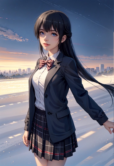  1girl,solo,tender,sister.long_hair,highly detailed eyes,(heterochromia<(ruby eye,blue eye)>,albinism),blazer,blue_jacket,brown_skirt,long_sleeves,plaid_skirt,pleated_skirt,school_uniform,open_clothes,white shirt,open_jacket;;standing,smile,closed_mouth,blush,looking_at_viewer., mz-hd
