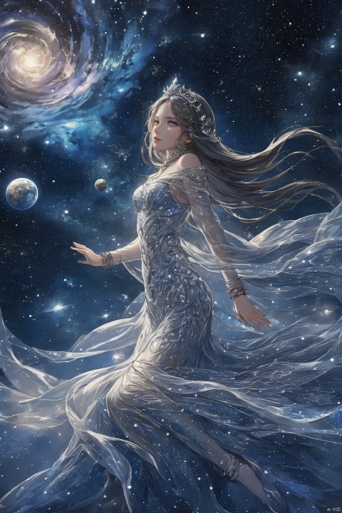  1 girl, adrift in a sea of stars, clad in a shimmering dress that mirrors the cosmos, crowned with a tiara of twinkling constellations, delicate bracelets of stardust encircling her wrists, her eyes reflecting the vastness of space, floating amidst nebula clouds, planets visible in the distance, comet tail streaking by, celestial beings watching over her, a sense of wonder and exploration, serene and peaceful, otherworldly beauty., hubg_jsnh, yyy,ccc, Hyperdetailed Photography, glow, ((poakl)), g011, bailing_ice_sculpture