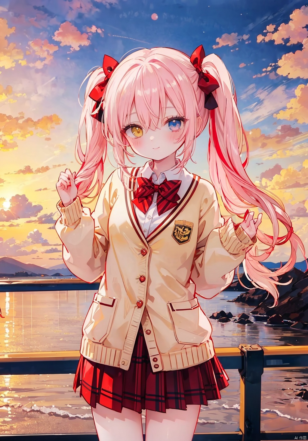  (8k, RAW photo, best quality, masterpiece:1.2),(yellow theme:1.6),loli, solo, long hair, looking at viewer, blush, smile, bangs, blue eyes, skirt, shirt, red eyes, long sleeves, bow, hair between eyes, twintails, very long hair, closed mouth, school uniform, standing, jacket, white shirt, pink hair, white hair, hair bow, multicolored hair, cowboy shot, pleated skirt, outdoors, open clothes, sky, striped, collared shirt, cloud, miniskirt, bowtie, red bow, open jacket, plaid, hands up, dress shirt, gradient hair, red skirt, low twintails, heterochromia, plaid skirt, blazer, red bowtie, sunset, striped bow, railing,
jpe-hd,ll-hd, ty-hd, pf-hd