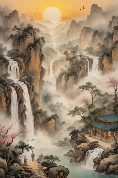 Chinese ancientpaintings,traditional chinese ink painting,sunset,spring,A magnificent waterfall flows down from the high cliff, ((1 man)), stands on a rocky platform at the foot of the mountain, ((look up the waterfall)),birds,dense colorful forests, sky,cloud, Mist, stairs,water,flower,(from bottom),detailed bdoy,
telephoto lenses,from bottom, (cinematic compositions), masterpieces, best quality, high-resolution, delicate details, realistic shadows, diffuse reflections,