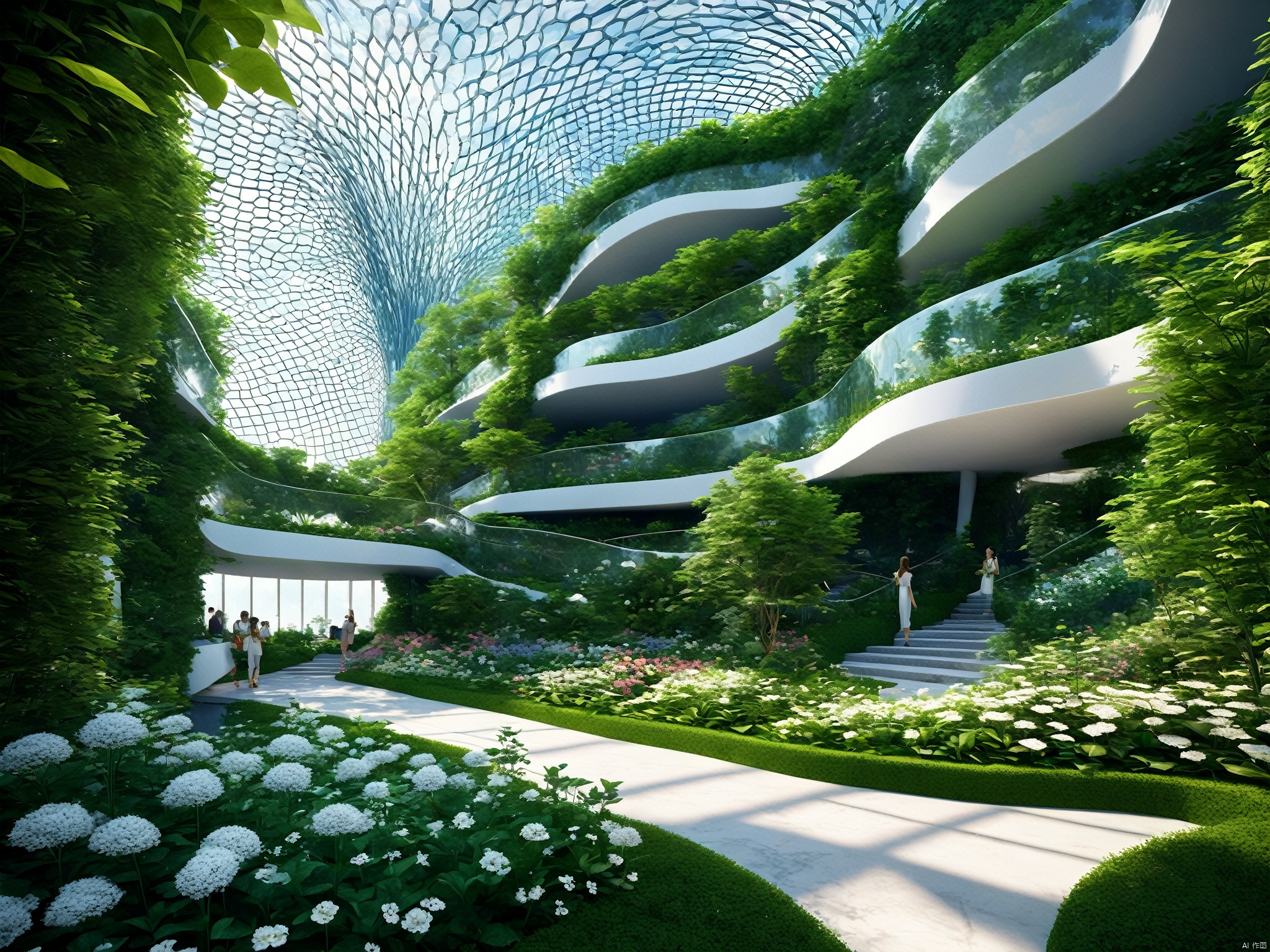  The architectural appearance is magical, deep sea style, the sky garden adopts the design principle of Riemann surface, the whole garden seems to be a multi-dimensional space, every corner is full of surprises and changes. Visitors can stroll here, appreciate the flowers, view the scenery, feel the charm of mathematics and the harmony of nature, 3D rendering, highly detailed, natural lighting, mathematical design art, amazing visual feast, epic visual art architecture, master works, mathematical design art, amazing visual feast, visual art architecture, master works,