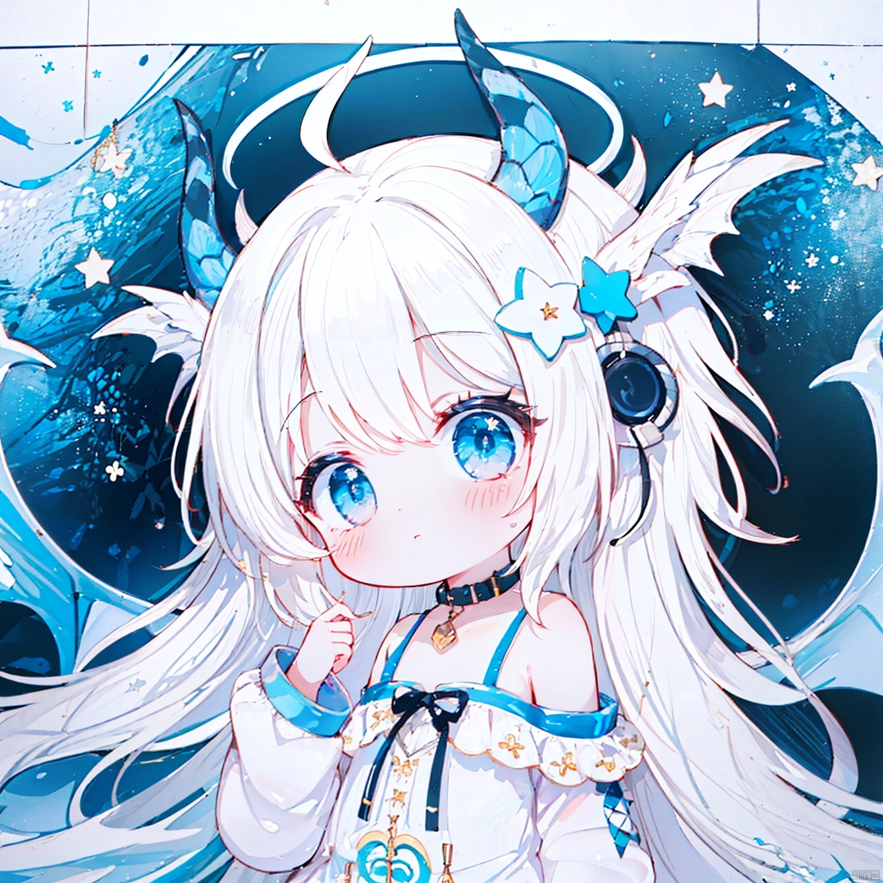  (8k, RAW photo, best quality, masterpiece:1.2),loli,solo, long hair, looking at viewer, blush, bangs, blue eyes, hair ornament, long sleeves, dress, hair between eyes, bare shoulders, very long hair, closed mouth, collarbone, upper body, ahoge, white hair, wings, horns, puffy sleeves, hand up, off shoulder, star \(symbol\), white dress, black ribbon, headphones, halo, puffy long sleeves, dragon horns, star hair ornament, off-shoulder dress,jpe-hd,ll-hd, ty-hd, pf-hd,(white theme:1.6),(blue theme:1.6)