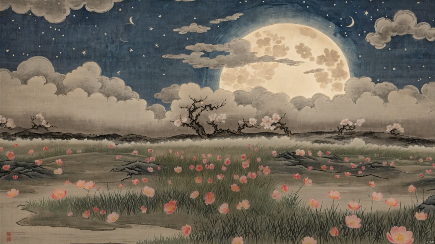 scenery, moon, sky, no humans, night, cloud, night sky, outdoors, flower, star \(sky\), full moon, grass, starry sky, field, tree, cherry blossoms, signature, cloudy sky, petals
Lace,reference to Chinese Qi Baishi's prawn paintings,white background,light gray,thin texture,ancient paper texture,Chinese art,Song Dynasty,Xuan paper. Scenery, moon, sky, no humans, night, cloud, night sky, outdoors, flower, star \(sky\), full moon, grass, starry sky, field, tree, cherry blossoms, signature, cloudy sky, petals