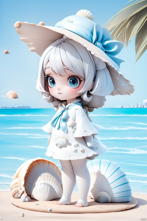  (masterpiece), (best quality), Exquisite visuals, high-definition, (ultra detailed), finely detail, ((solo)), (white Silver hair), (gradient Blue), (beautiful detailed eyes), Kawai, loveliness,standing, ((full body)),
a shell with short white hair, anthropomorphic shells, wearing a white shell outfit . (((Shell clothes：1.8, and hats))).
The environment is next to the beach, with coconut trees and many seashells on the beach
, bk-hd, pf-hd, ll-hd
