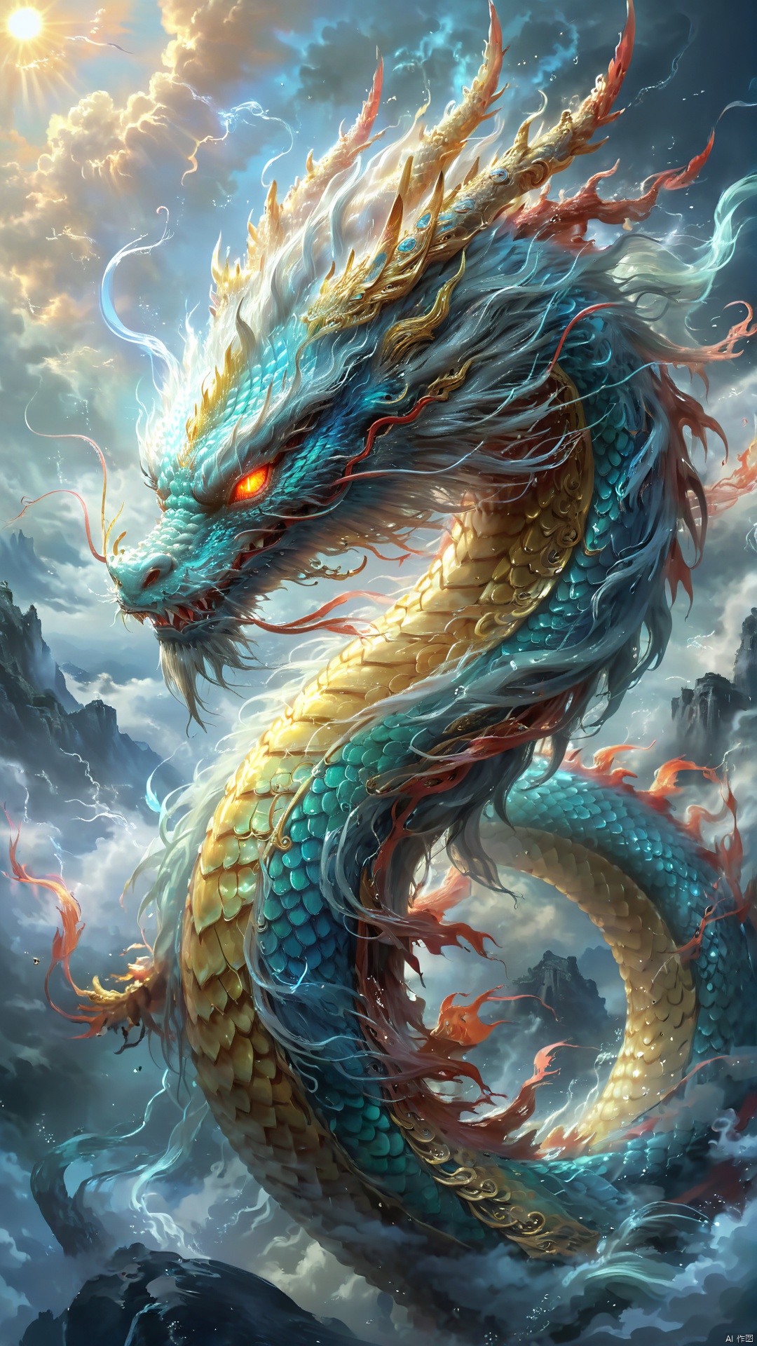  majestic Dragon King with Eastern characteristics, Chinese dragon symbolism, imposing and awe-inspiring presence, wisdom emanating from its eyes, protector of realms, powerful and commanding, traditional Chinese art style, intricate dragon scales shimmering in ethereal light, long swirling whiskers, claws gripping the clouds, surrounded by a mist of celestial energy, vibrant dragon aura, mystical and ancient, ornate decorations symbolizing royalty and authority, (best quality,4k,8k,highres,masterpiece:1.2), ultra-detailed, (realistic, photorealistic, photo-realistic:1.37), dynamic composition, (emperor's presence:1.1), (spiritual guardian:1.1), majestic dragon form, fierce expression, powerful stance, divine protector, supreme dragon, mythical atmosphere, (rich colors:1.1), (light rays:1.1), (floating palace, celestial kingdom), traditional Chinese motifs, fiery dragon eyes, dragon's wisdom, legendary creature, majestic skies, (auspicious clouds:1.1), strong visual impact