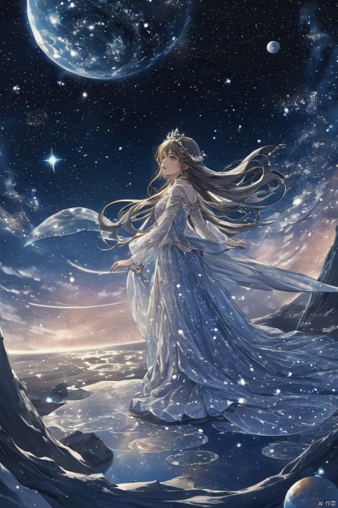  1 girl, adrift in a sea of stars, clad in a shimmering dress that mirrors the cosmos, crowned with a tiara of twinkling constellations, delicate bracelets of stardust encircling her wrists, her eyes reflecting the vastness of space, floating amidst nebula clouds, planets visible in the distance, comet tail streaking by, celestial beings watching over her, a sense of wonder and exploration, serene and peaceful, otherworldly beauty., hubg_jsnh, yyy,ccc, Hyperdetailed Photography, glow, ((poakl)), g011, bailing_ice_sculpture