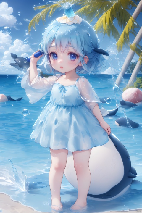  (masterpiece), (best quality), Exquisite visuals, high-definition, (ultra detailed), finely detail, Kawai, loveliness, standing, ((full body)), a slightly shy loli with short blue hair,anthropomorphic whale,a center cut, (child:1.2),whale clothing,blue skirt,(((spray water on the head, there is a water column on the head))),there are many colorful bubbles around,melting clothes, clothes made of water,whale tail,The environment is next to the beach, with coconut trees and many seashells on the beach,, ty-hd, jpp-hd, figure