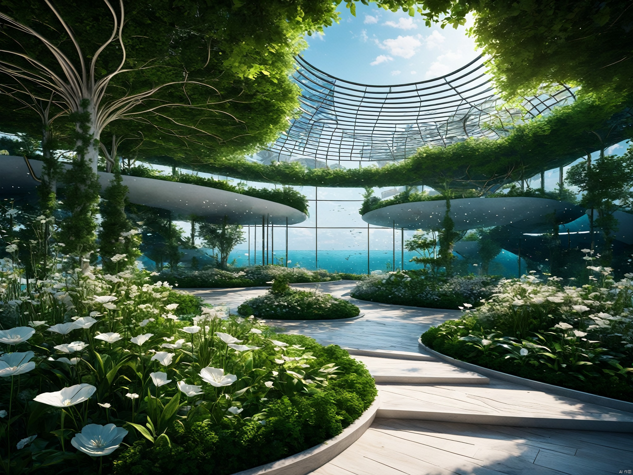  The architectural appearance is magical, deep sea style, the sky garden adopts the design principle of Riemann surface, the whole garden seems to be a multi-dimensional space, every corner is full of surprises and changes. Visitors can stroll here, appreciate the flowers, view the scenery, feel the charm of mathematics and the harmony of nature, 3D rendering, highly detailed, natural lighting, mathematical design art, amazing visual feast, epic visual art architecture, master works, mathematical design art, amazing visual feast, visual art architecture, master works,