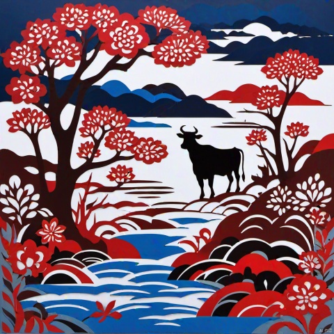 masterpiece,high quality,paper-cut art,nobody,solo,paper-cut style,cattle,river
