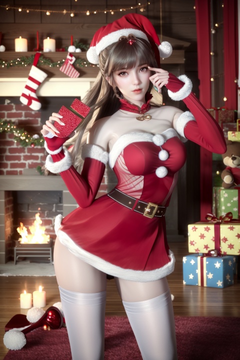 (8k, RAW photo, best quality, masterpiece:1.2),hatching (texture),skin gloss,light persona,
(high detailed skin),glossy skin,
1girl,solo,teddy bear,stuffed animal,gift,stuffed toy,christmas tree,christmas,box,window,gift box,fireplace,hat,santa hat,long hair,panties,indoors,candle,fire,
very long hair,bare shoulders,belt,christmas,red dress,fingerless gloves,santa costume,striped thighhighs,