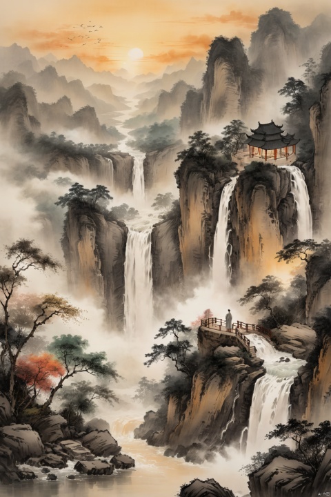 Chinese black and white ink painting,Chinese landscape,monochrome,ink wash,A magnificent waterfall flows down from the high cliff, a poet stands on a rocky platform at the foot of the mountain, ((and look up the waterfall)),sunset,birds,dense colorful forests, sky,cloud, Mist, stairs,water,
telephoto lenses,from bottom, (cinematic compositions), masterpieces, best quality, high-resolution, delicate details, realistic shadows, diffuse reflections,