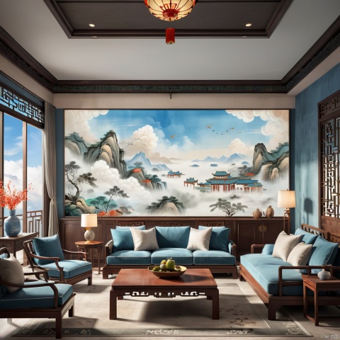 Chinese ancientpaintings,traditional chinese ink painting,no humanssky,cloud,day,blue sky,indoors,Chinese style living room,
