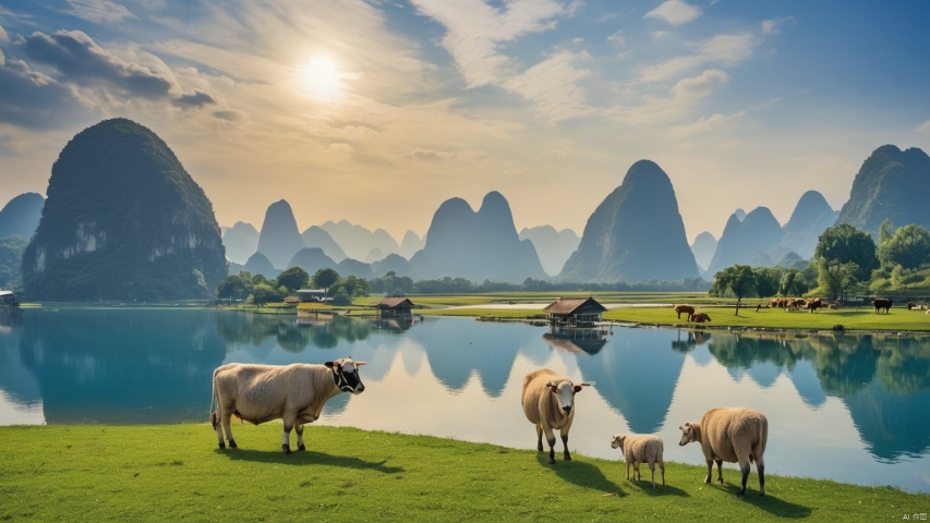  Landscape of Guilin,lakes,Reflect the sky,Sailimu Lake,Grassland, snow capped mountains, blue lake water, reflected light, blue sky, cows, sheep