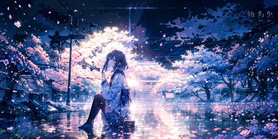  1girl,[sitting under the sakura tree,knee up], (from side,wide shot,mid shot,full body,panorama),(looking up),(pink petals,tyndall effect,English text),backlight,ll-hd, mz-hd