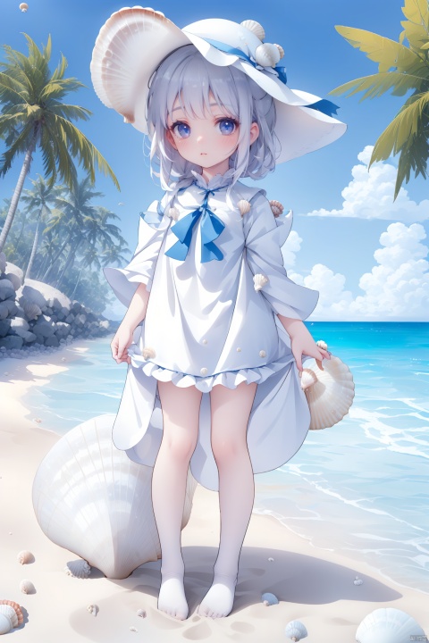  (masterpiece), (best quality), Exquisite visuals, high-definition, (ultra detailed), finely detail, ((solo)), (white Silver hair), (gradient Blue), (beautiful detailed eyes), Kawai, loveliness,standing, ((full body)),
a shell with short white hair, anthropomorphic shells, wearing a white shell outfit . (((Shell clothes：1.8, and hats))).
The environment is next to the beach, with coconut trees and many seashells on the beach
, bk-hd, pf-hd, ll-hd, kme-hd