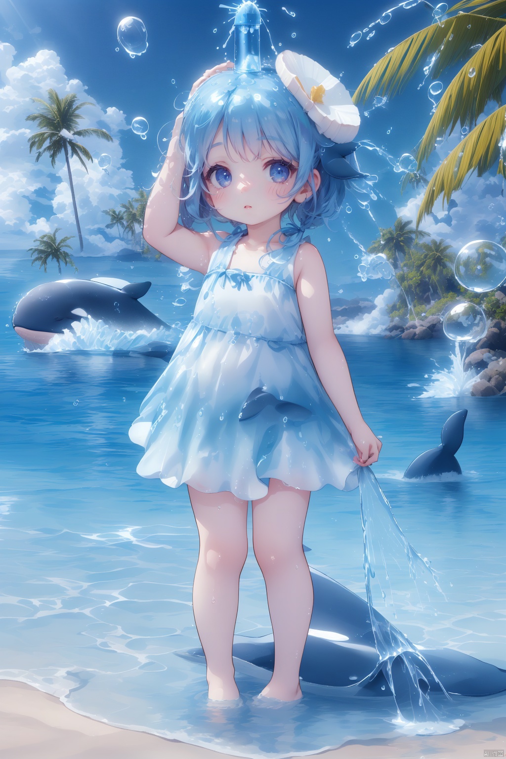  (masterpiece), (best quality), Exquisite visuals, high-definition, (ultra detailed), finely detail, Kawai, loveliness, standing, ((full body)), a slightly shy loli with short blue hair,anthropomorphic whale,a center cut, (child:1.2),whale clothing,blue skirt,(((spray water on the head, there is a water column on the head))),there are many colorful bubbles around,melting clothes, clothes made of water,whale tail,The environment is next to the beach, with coconut trees and many seashells on the beach,, ty-hd, jpp-hd, figure