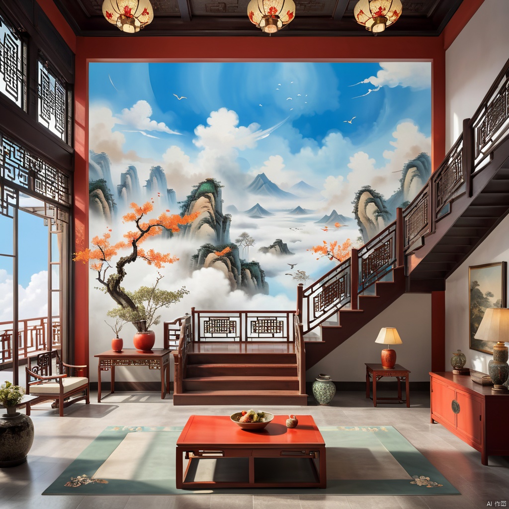 Chinese ancientpaintings,traditional chinese ink painting,no humanssky,cloud,day,blue sky,indoors,Chinese style living room, with a small staircase, chinese new year,
