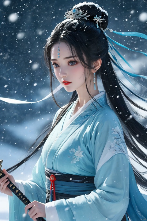  (masterpiece, top quality, best quality, official art, beautiful and aesthetic:1.2),gf-hd, 1girl, solo, long hair, sword, weapon, hair ornament, black hair, chinese clothes, upper body, snow, hair bun, hanfu, snowing, facial mark, forehead mark