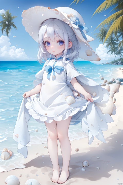  (masterpiece), (best quality), Exquisite visuals, high-definition, (ultra detailed), finely detail, ((solo)), (white Silver hair), (gradient Blue), (beautiful detailed eyes), Kawai, loveliness,standing, ((full body)),
a shell with short white hair, anthropomorphic shells, wearing a white shell outfit . (((Shell clothes：1.8, and hats))).
The environment is next to the beach, with coconut trees and many seashells on the beach
, bk-hd, pf-hd, ll-hd, kme-hd