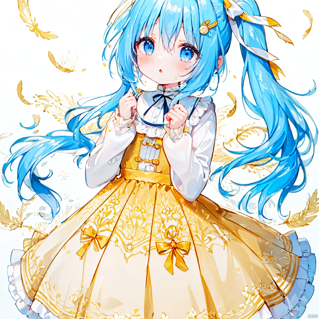  (8k, RAW photo, best quality, masterpiece:1.2),(yellow theme:1.6),loli, solo, long hair, looking at viewer, blush, bangs, blue eyes, simple background, shirt, hair ornament, long sleeves, white background, dress, bow, ribbon, hair between eyes, very long hair, blue hair, hair ribbon, white shirt, hair bow, frills, parted lips, sleeveless, puffy sleeves, :o, side ponytail, sleeves past wrists, hands up, sleeveless dress, blue dress, frilled dress, feathers, white ribbon, pleated dress, white feathers, wing hair ornament
jpe-hd,ll-hd, ty-hd, pf-hd