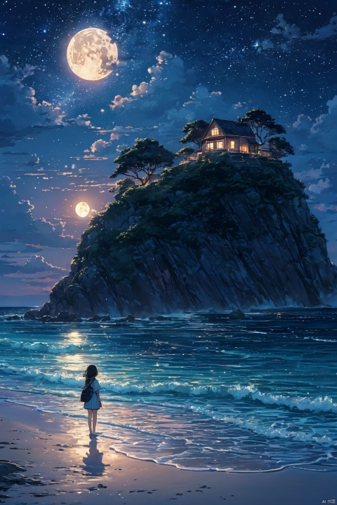  (masterpiece, top quality, best quality, official art, beautiful and aesthetic:1.2),(1girl:1.2),cute,extreme detailed,outdoors, sky, cloud, water, tree, no humans, night, ocean, beach, moon, star \(sky\), night sky, scenery, starry sky, sunset, rock, sand, sun, horizon, waves, shore