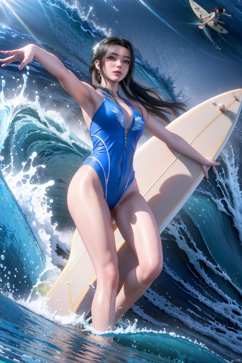  masterpiece, best quality, official art, extremely detailed CG unity 8k wallpaper, day, sun, girl, solo, competition swimsuit, ocean, (surf riding, surfing, realism:1.2),mascot, color, ty-hd, gf-hd, lmw-hd