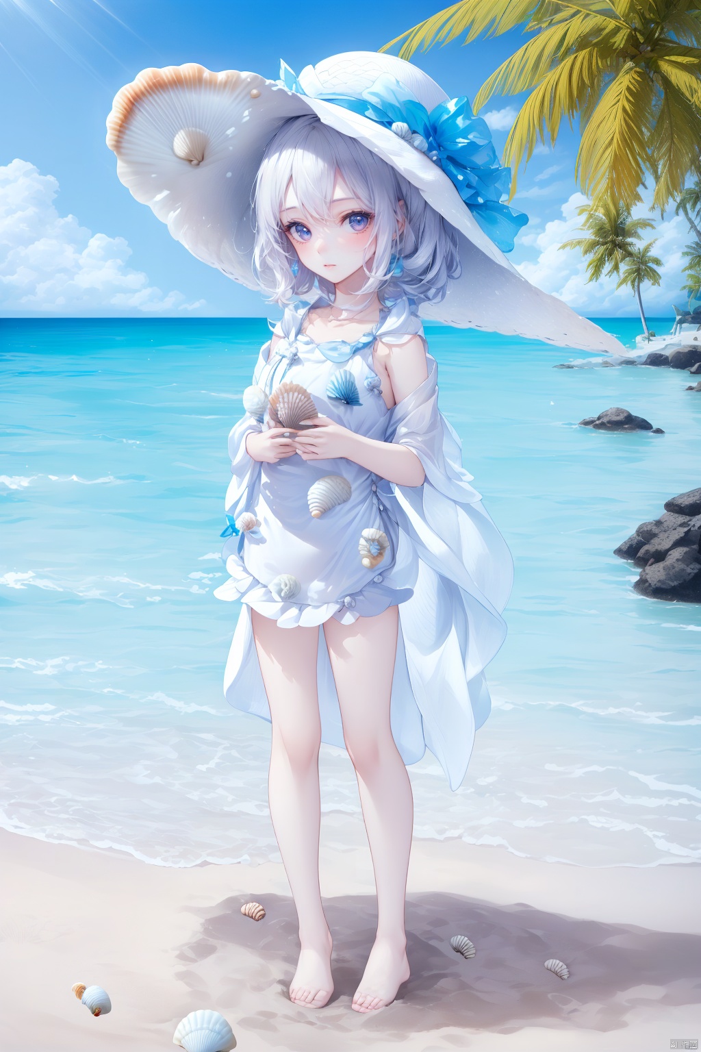  (masterpiece), (best quality), Exquisite visuals, high-definition, (ultra detailed), finely detail, ((solo)), (white Silver hair), (gradient Blue), (beautiful detailed eyes), Kawai, loveliness,standing, ((full body)),
a shell with short white hair, anthropomorphic shells, wearing a white shell outfit . (((Shell clothes：1.8, and hats))).
The environment is next to the beach, with coconut trees and many seashells on the beach
, bk-hd, pf-hd, ll-hd, kme-hd