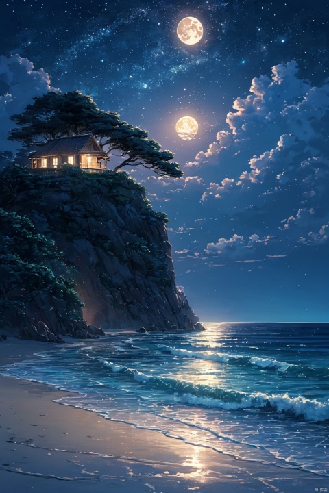  (masterpiece, top quality, best quality, official art, beautiful and aesthetic:1.2),(1girl:1.2),cute,extreme detailed,outdoors, sky, cloud, water, tree, no humans, night, ocean, beach, moon, star \(sky\), night sky, scenery, starry sky, sunset, rock, sand, sun, horizon, waves, shore