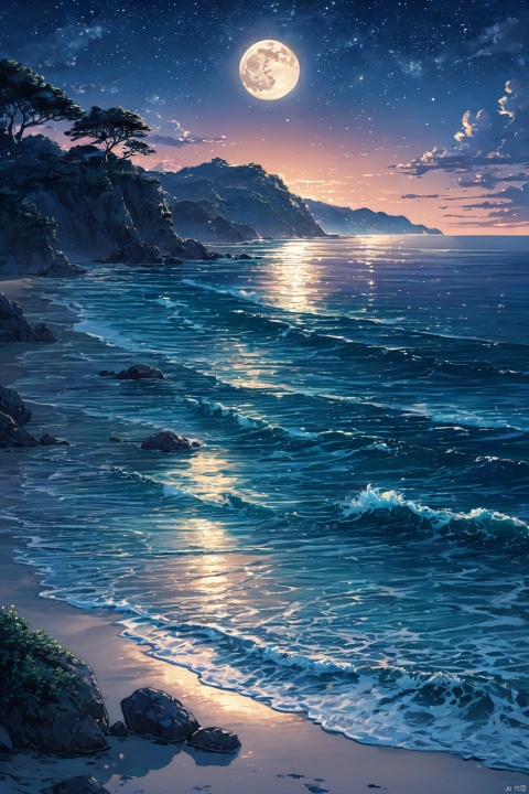  (masterpiece, top quality, best quality, official art, beautiful and aesthetic:1.2),(1girl:1.2),cute,extreme detailed,outdoors, sky, cloud, water, tree, no humans, night, ocean, beach, moon, star \(sky\), night sky, scenery, starry sky, sunset, rock, sand, sun, horizon, waves, shore