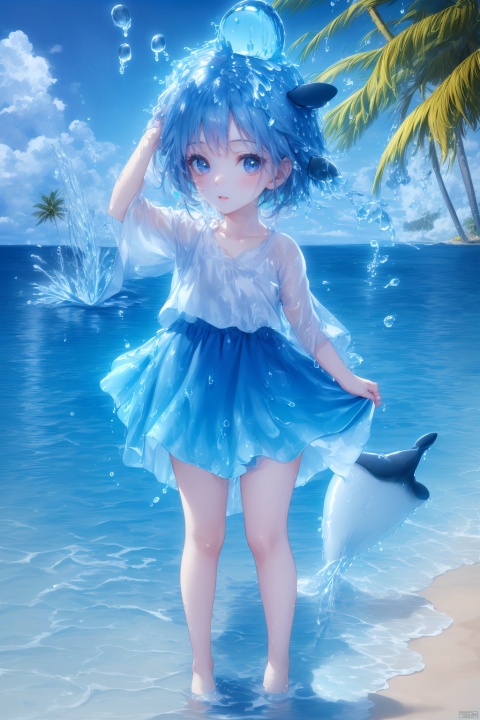  (masterpiece), (best quality), Exquisite visuals, high-definition, (ultra detailed), finely detail, Kawai, loveliness, standing, ((full body)), a slightly shy loli with short blue hair,anthropomorphic whale,a center cut, (child:1.2),whale clothing,blue skirt,(((spray water on the head, there is a water column on the head))),there are many colorful bubbles around,melting clothes, clothes made of water,whale tail,The environment is next to the beach, with coconut trees and many seashells on the beach,, ty-hd, jpp-hd